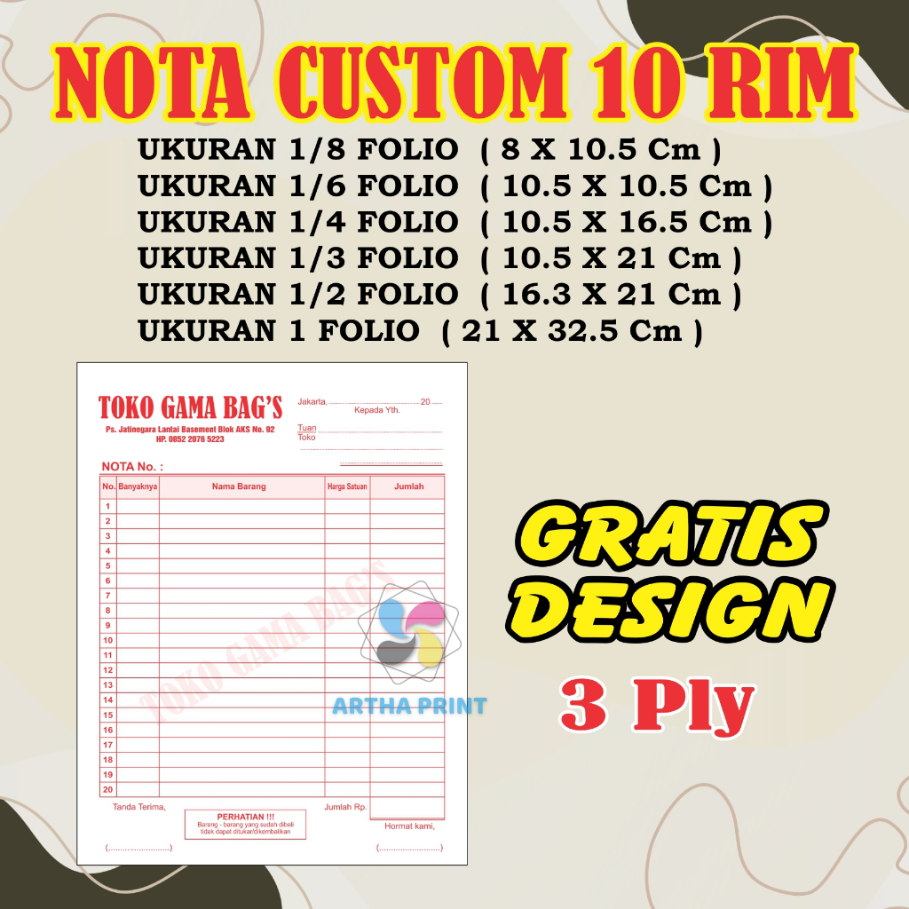 

NOTA CUSTOM, SURAT JALAN, KWITANSI MERK TOKO SENDIRI, 10 rim REQUEST WARNA DAN UKURAN