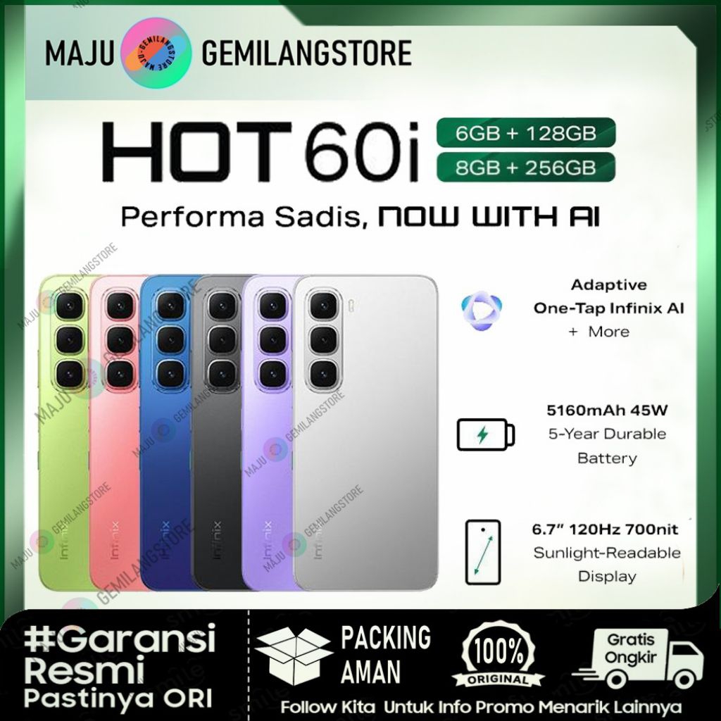 Infinix HOT 60i - Ram 8+8/256GB |45W Fast Charge 5160mAh - Durable Battery | Helio G81 | Layar 120Hz