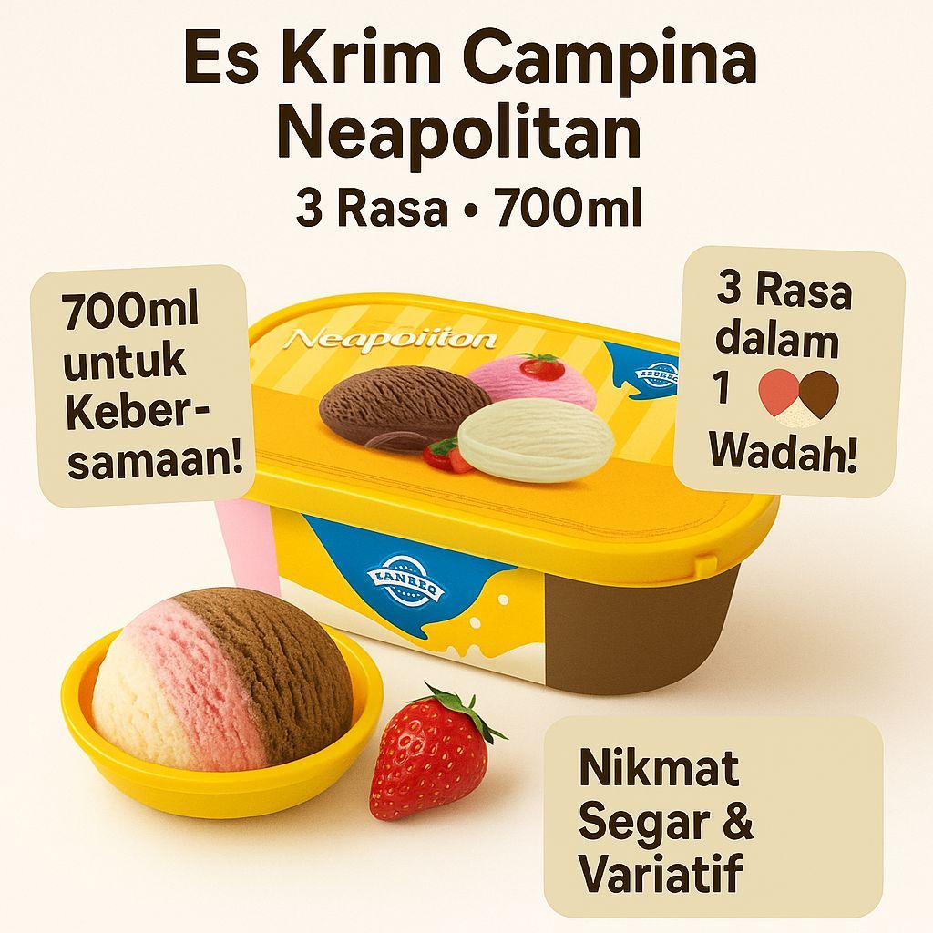 

Es Krim Campina 3 rasa Neapolitan 700ml coklat vanilla stoberi es cream box creamy dan lembut
