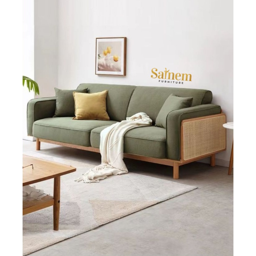SOFA TAMU KAYU JATI ASLI MIX ANYAMAN ROTAN KEKINIAN GAYA JAPANDI JAPANESE STYLE / SOFA RUANG TAMU