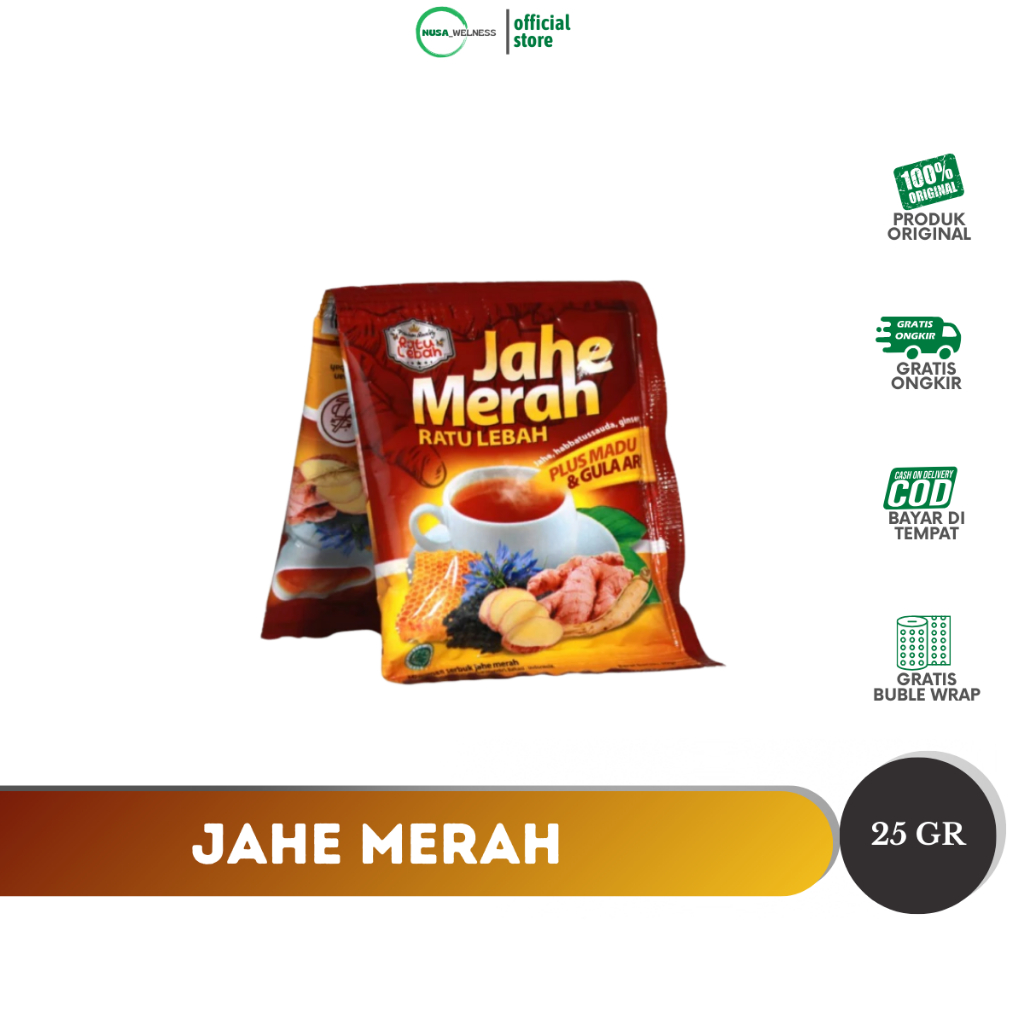 

JAHE MERAH GULA AREN RATU LEBAH – 12 sachet minuman herbal penghangat tubuh | atasi masuk angin & pegal linu | rasa nikmat tanpa bahan kimia | 100% original | bisa COD