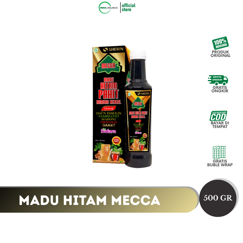 

MADU HITAM MECCA 500gram Madu, Propolis Trigona,Ekstra Gamat Gold,Estrak Daun Insulin dll