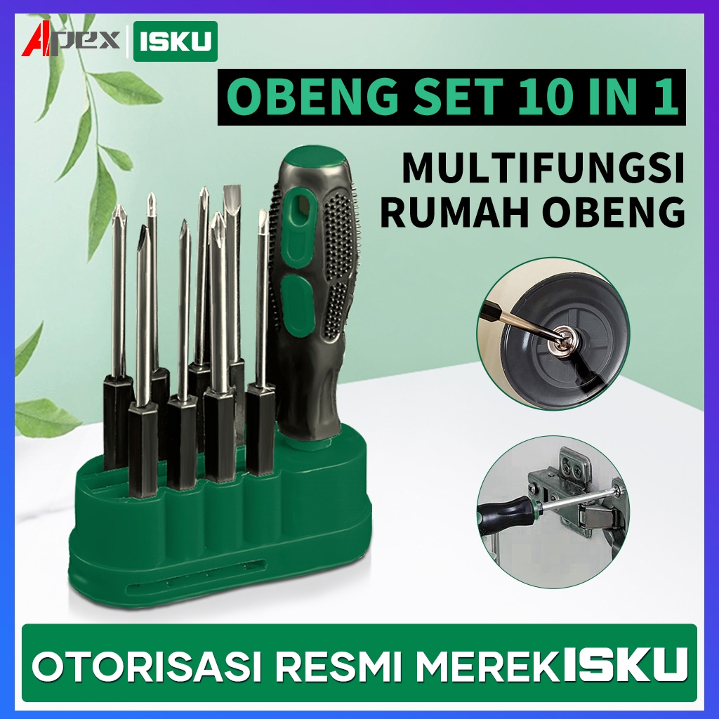 ISKU 10 in 1 Obeng satu set komplit serbaguna isku ori murah magnet/obeng kembang/obeng hp full set 