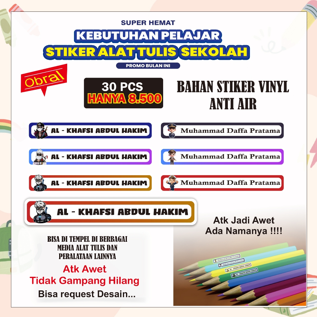 

Stiker Nama Alat Tulis Anak Waterproof Anti Air Isi 30 pc
