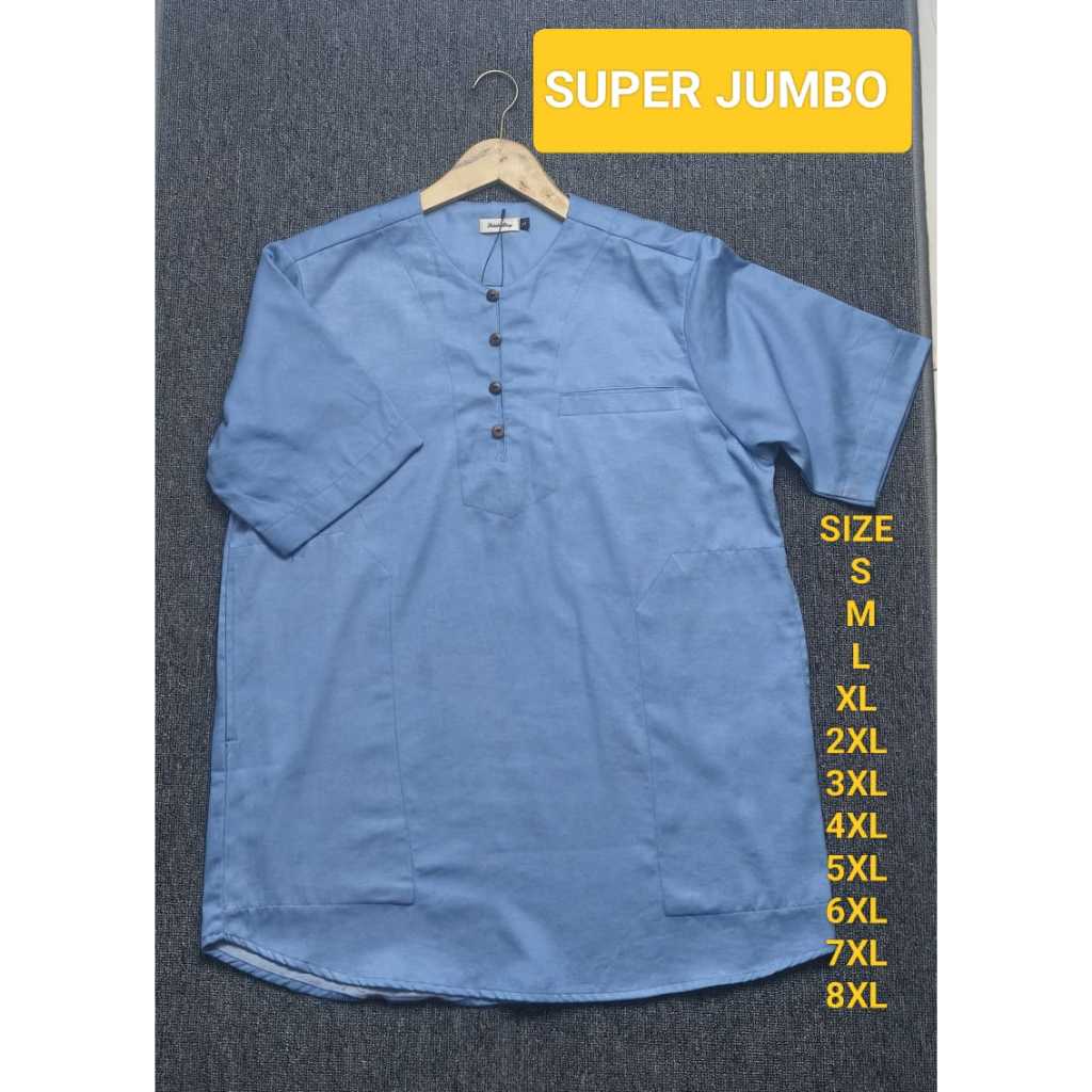 baju koko lengan pendek   jumbo bahan levis denim  adem  biru denim