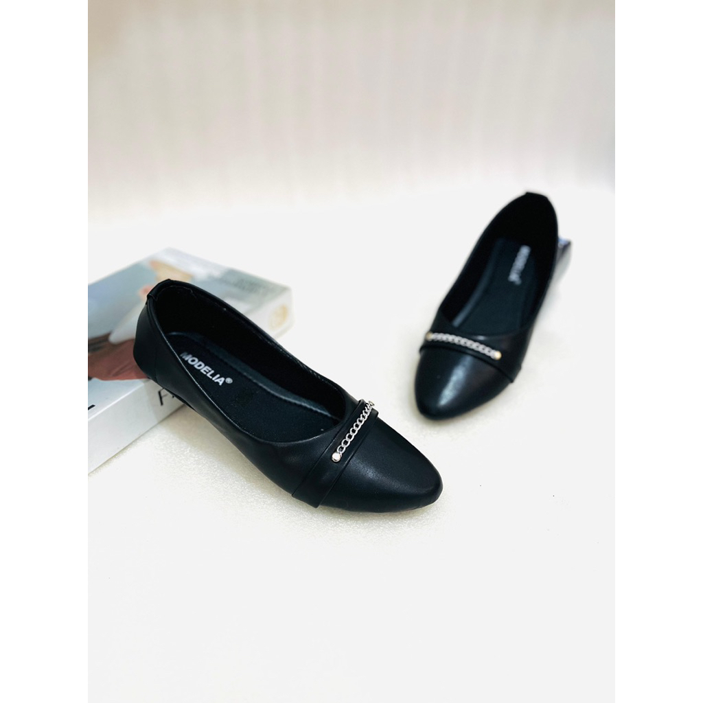 Sepatu Wanita Balet-Flat Shoes Rantai Silver Kerja Karet Hitam