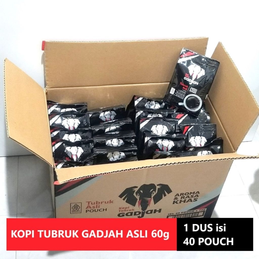 

Kopi Tubruk Gajah Bubuk Asli Pouch 60gr 1 Dus isi 40 Pouch, Coffee, Kopi Hitam