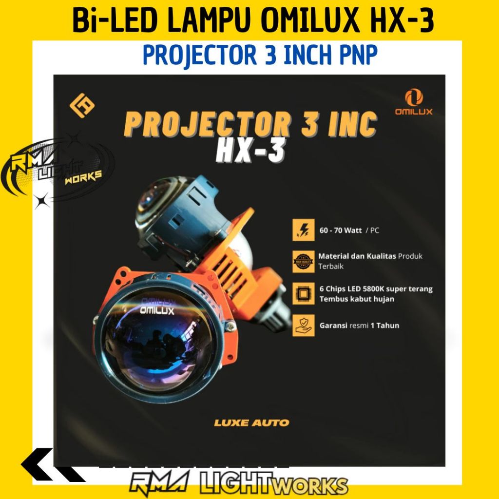 Bi-LED Lampu Mobil Motor OMILUX HX-3 Projector 3 inch PNP