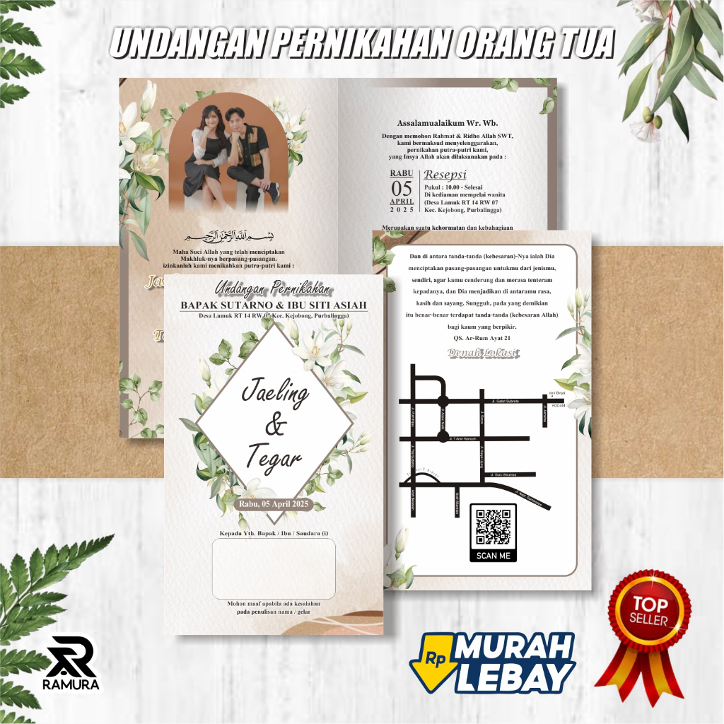 Undangan Pernikahan Lipat Orang Tua E ( Free Desain, Foto, Denah Lokasi, Turut Mengundang, Plastik )