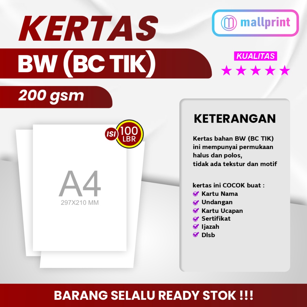 

Kertas BW 200 gsm uk. A4 cocok unt. Ucapan Terimakasih, Sertifikat dll (1 pak isi 100 lbr)