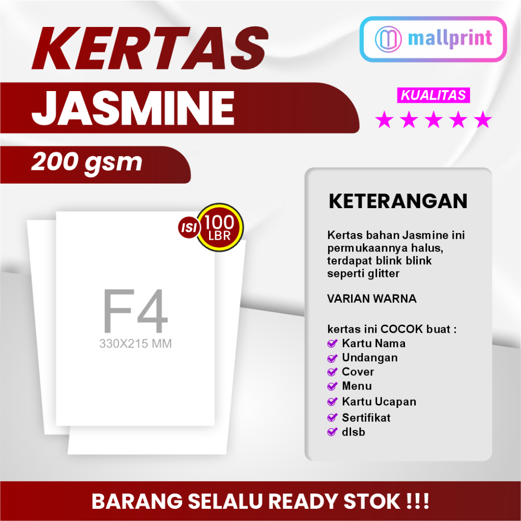 

Kertas Jasmine 200 gsm F4 (Folio) cocok untuk undangan, sertifikat dll (1 pak Isi 100 lbr)