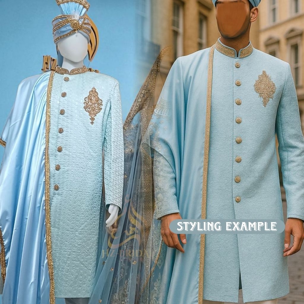 Sherwani Pria India – Warna Biru Muda Gold | Set Baju Nikah Mewah, Import Eksklusif