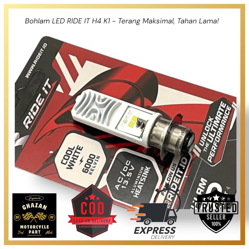 Bohlam LED Motor RIDE IT H4 K1 | Lampu Depan AC/DC Hi Lo 6000K Putih