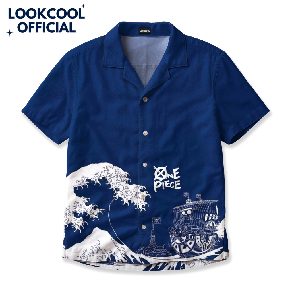 LOOKCOOL Thousand Sunny Kemeja Pria Motif Kapal Ombak Biru Sunny Ombak Jepang Pria Biru