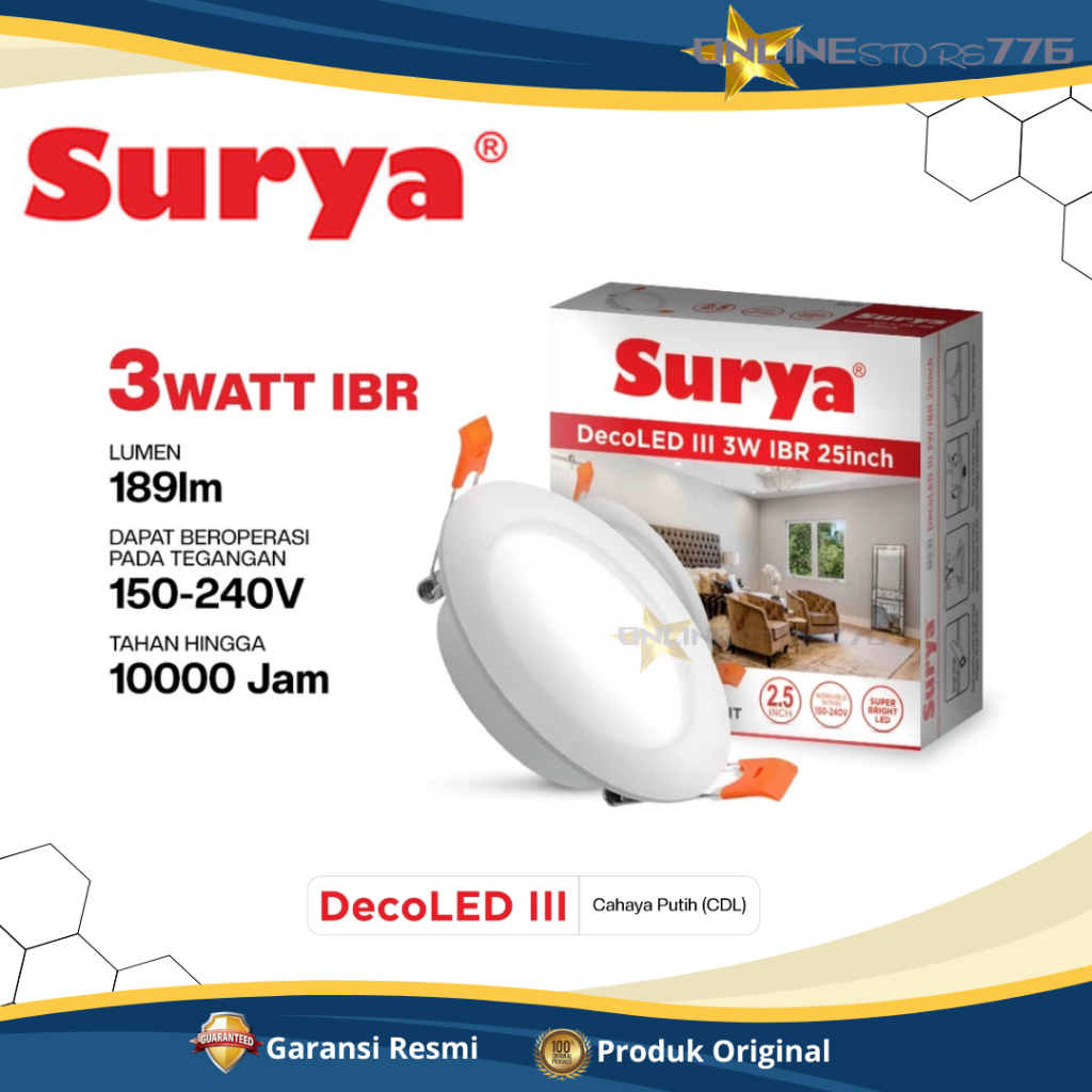 Surya Lampu Downlight LED DecoLED III IBR 3WATT Cahaya Putih Garansi Resmi