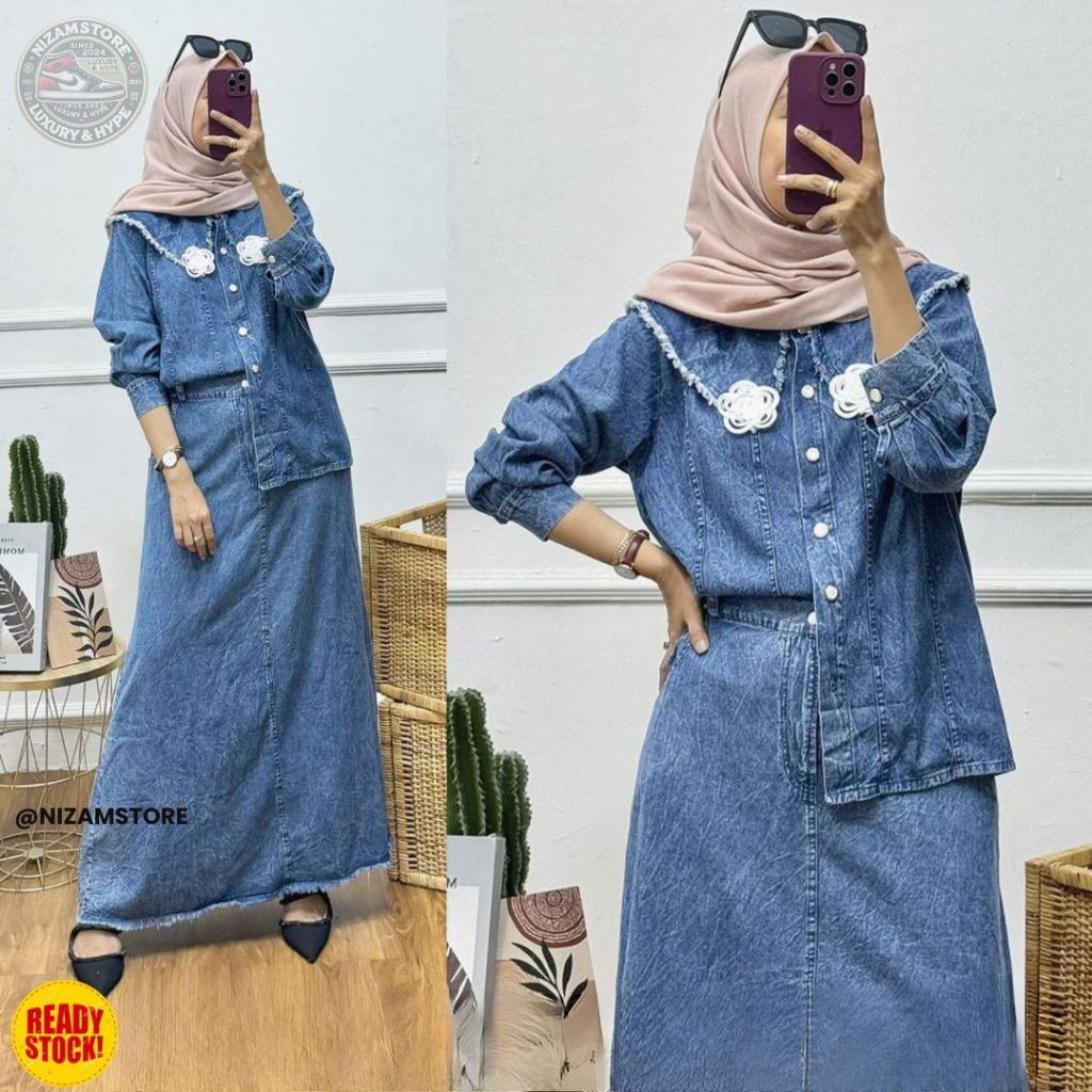 Nizamstore Setelan Rok Jeans Wanita Hijab Modis Bordir Bunga Import | Set Rok Denim Muslimah Oversiz