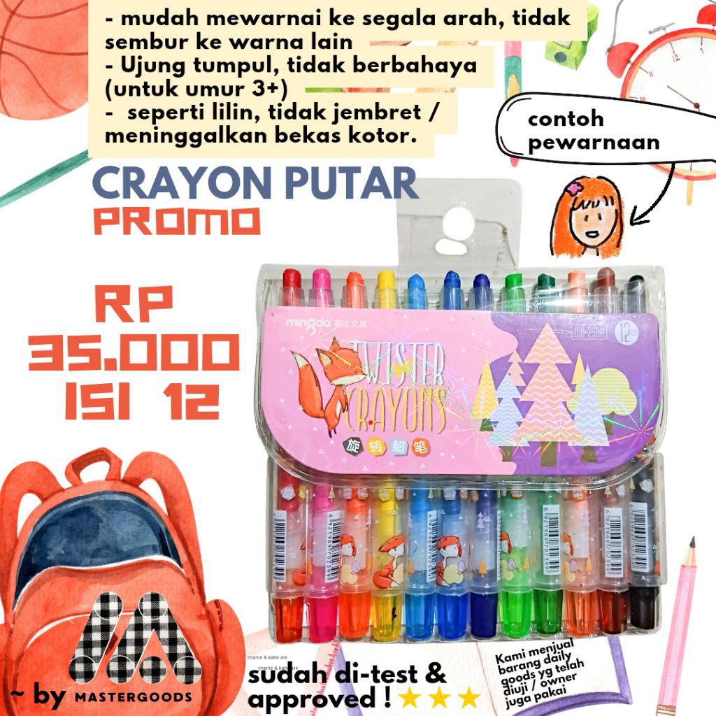 

[MGOODS] Mingda Crayon Putar Twister Crayon 12 warna tidak kotor Mudah mewarnai anak dewasa adult coloring / kids coloring / Edukasi anak Twist Crayon