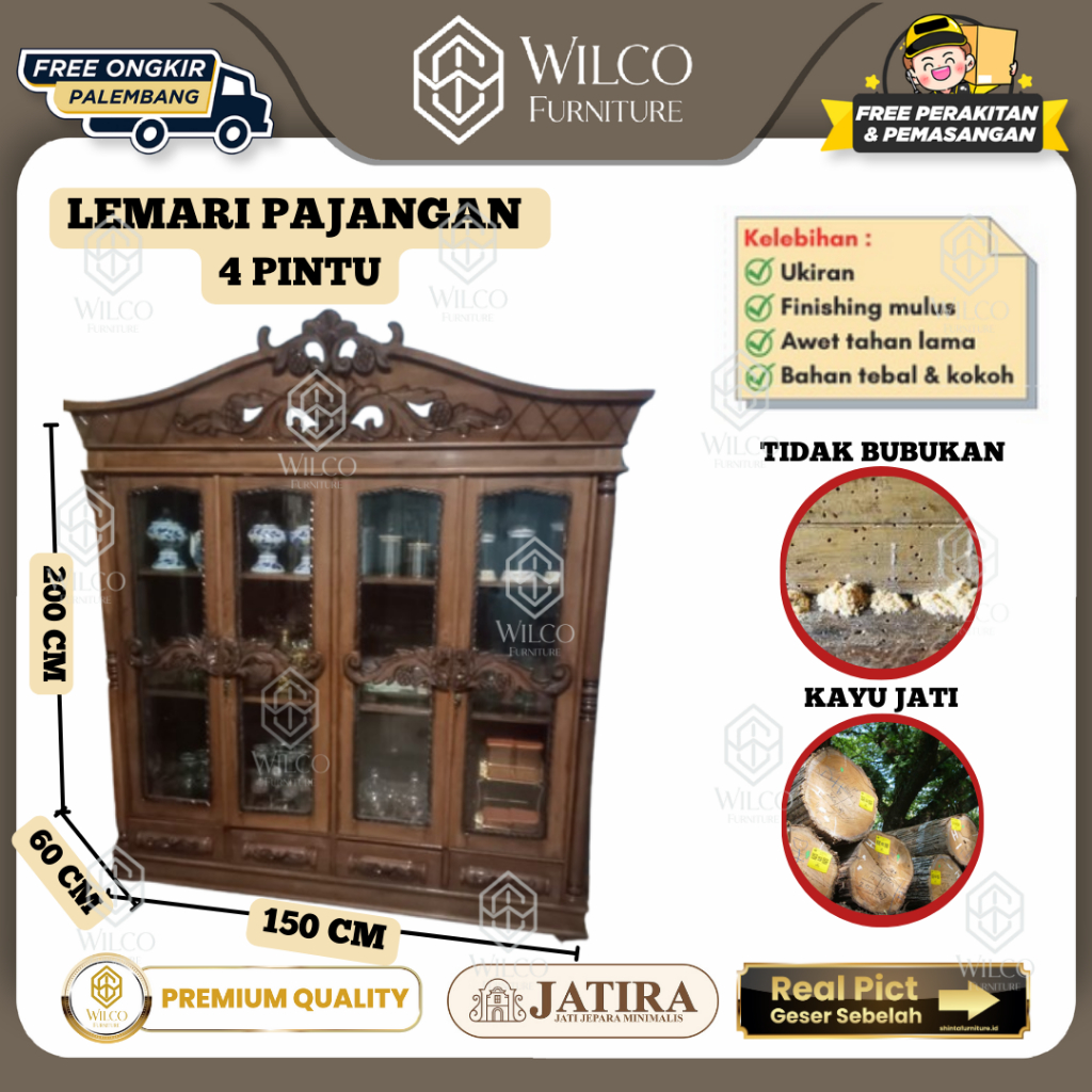 Lemari Hias Jati 4 Pintu | Lemari Pajangan 4 Pintu JATIRA | Lemari Kayu 4 Pintu Murah Palembang