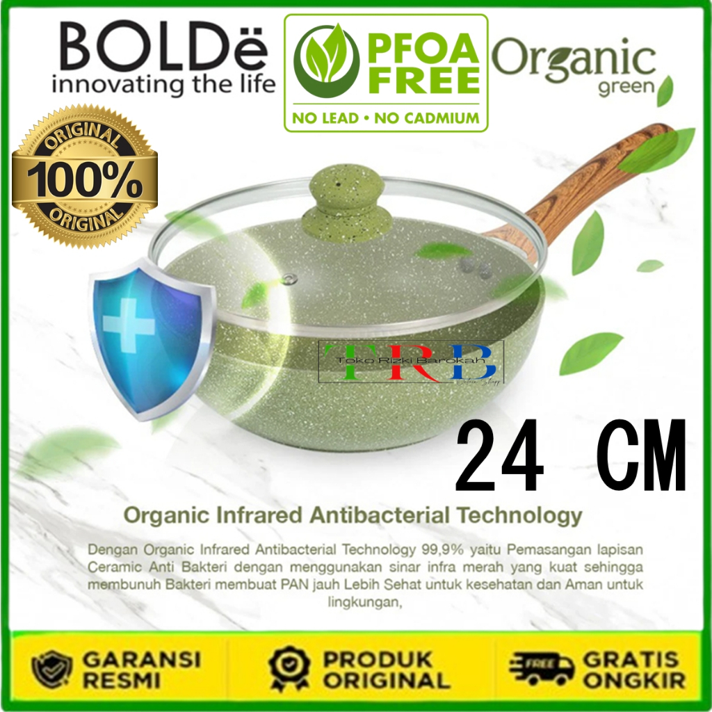 Bolde Wok Pan 24 Cm+Tutup Kaca Panci Wajan Wok Anti Lengket-Organic Green