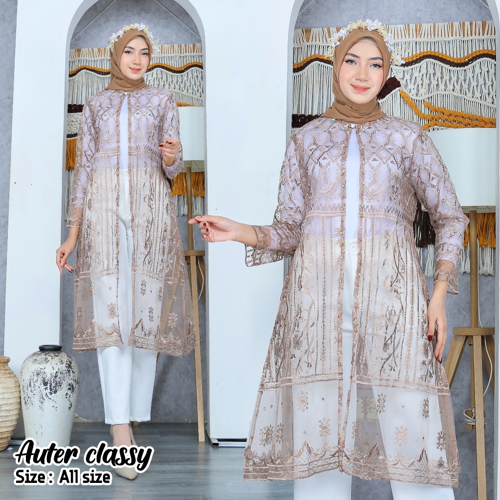 Kebaya Olshop Long Outer Brukat Tile Motif Etnik Cardigan Wanita / Outer Tile