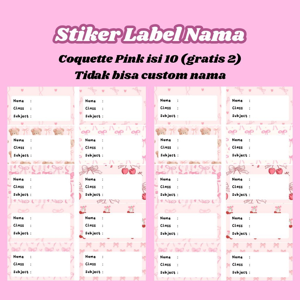 

♡ (isi 12) Stiker Label Nama Buku Tulis Tema Coquette Pink ♡ MINIMAL BELANJA 10RB - TIDAK BISA CUSTOM NAMA