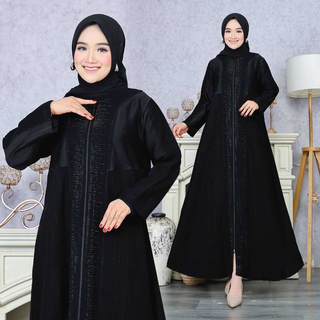 Abaya jet black opnesel mix motif full zipper  abaya kekinian