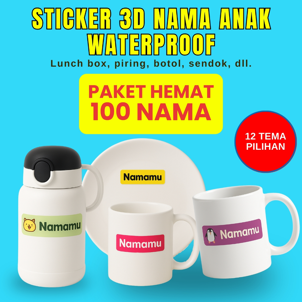 

Stiker Anak 3D 100 Pcs Custom Nama Piring Sendok Botol Gelas Perabotan timbul waterproof label