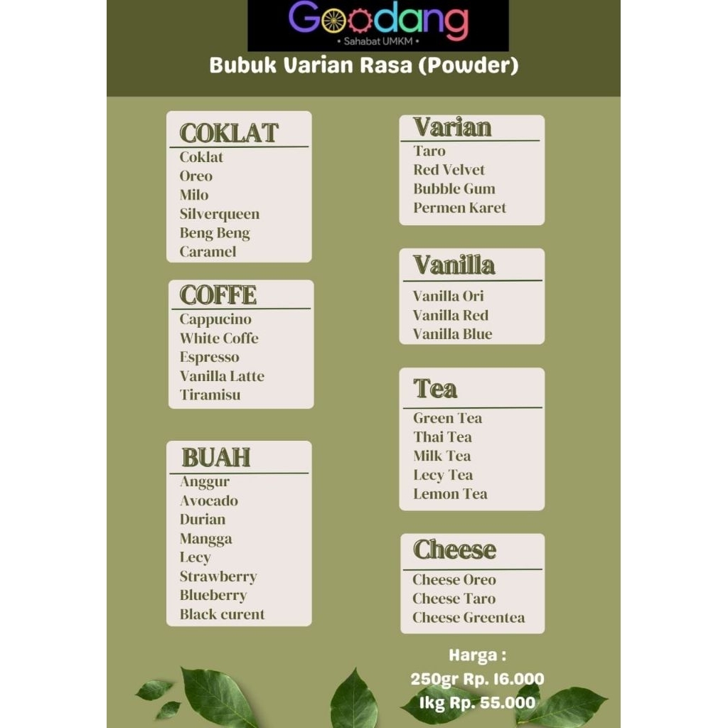 

Bubuk Powder Varian Rasa 250gr (sudah ada gulanya) request stok chat admin