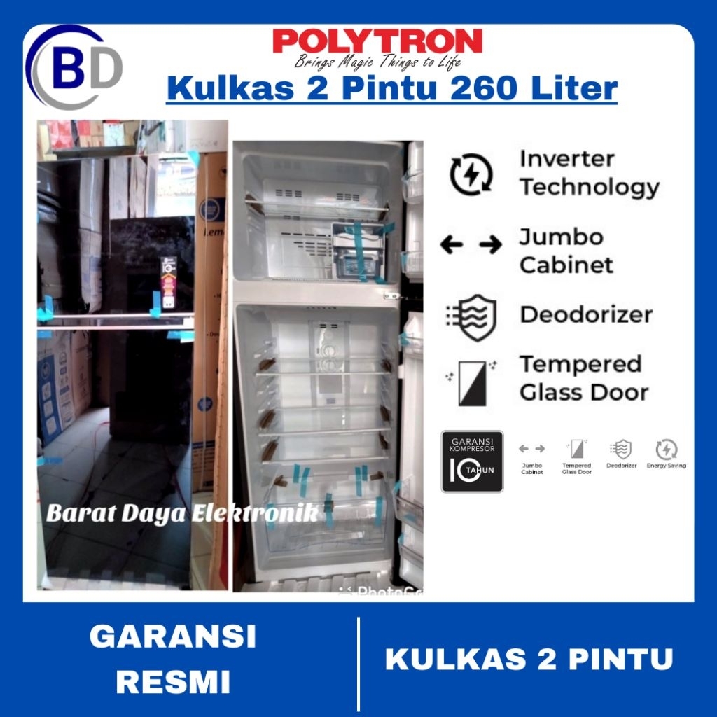 Kulkas 2 Pintu Polytron PRW-29VX 260 Liter Kulkas Inverter