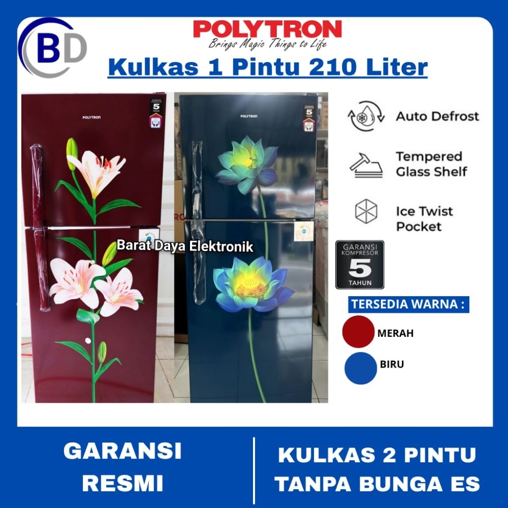 Kulkas Polytron 2 Pintu Polytron PRB-217 210Liter Tanpa Bunga Es