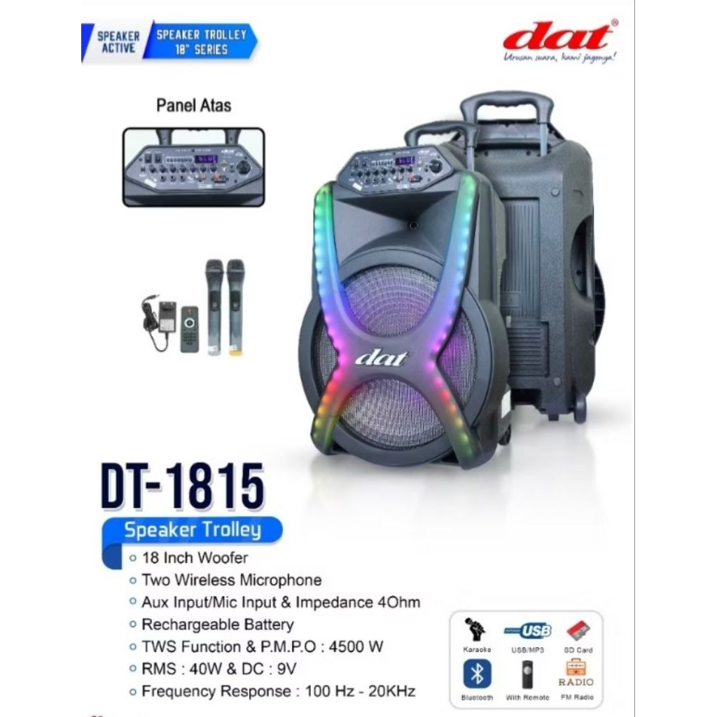 Speaker Aktif 18" DAT DT-1815 Portable 2 Mic Wireless Karaoke Soundsystem 18 inch / 18 inci / DAT DT