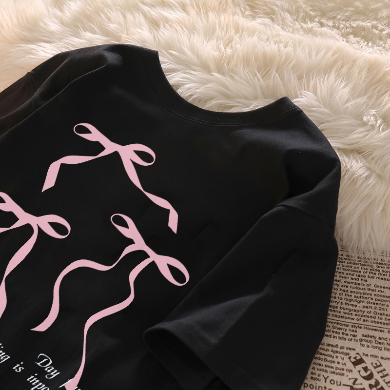 SEZO. Baju Dasi Kupu-Kupu Kaos Wanita Oversize Lengan Pendek Atasan Wanita Kekinian 100% Cotton / Ba