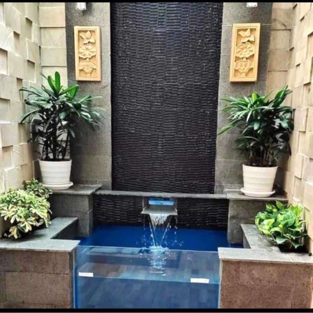 KOLAM IKAN KOI MINIMALIS MODEL BATU ALAM ANDESIT + KACA TEMPERED