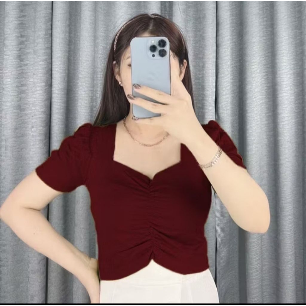 BLOUSE CROP TOP WANITA KERUT TENGAH KOREA (SPANDEK IMPORT)