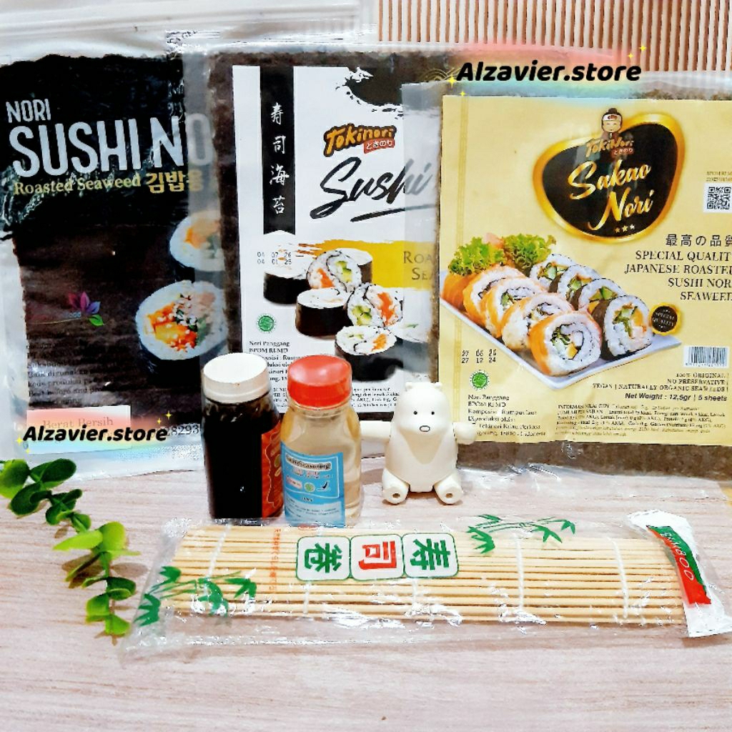 

Paket Bahan Sushi Tipe 6 Nori Halal Tobiko cuka bambu shoyu jahe dry seaweed gari pink Promo