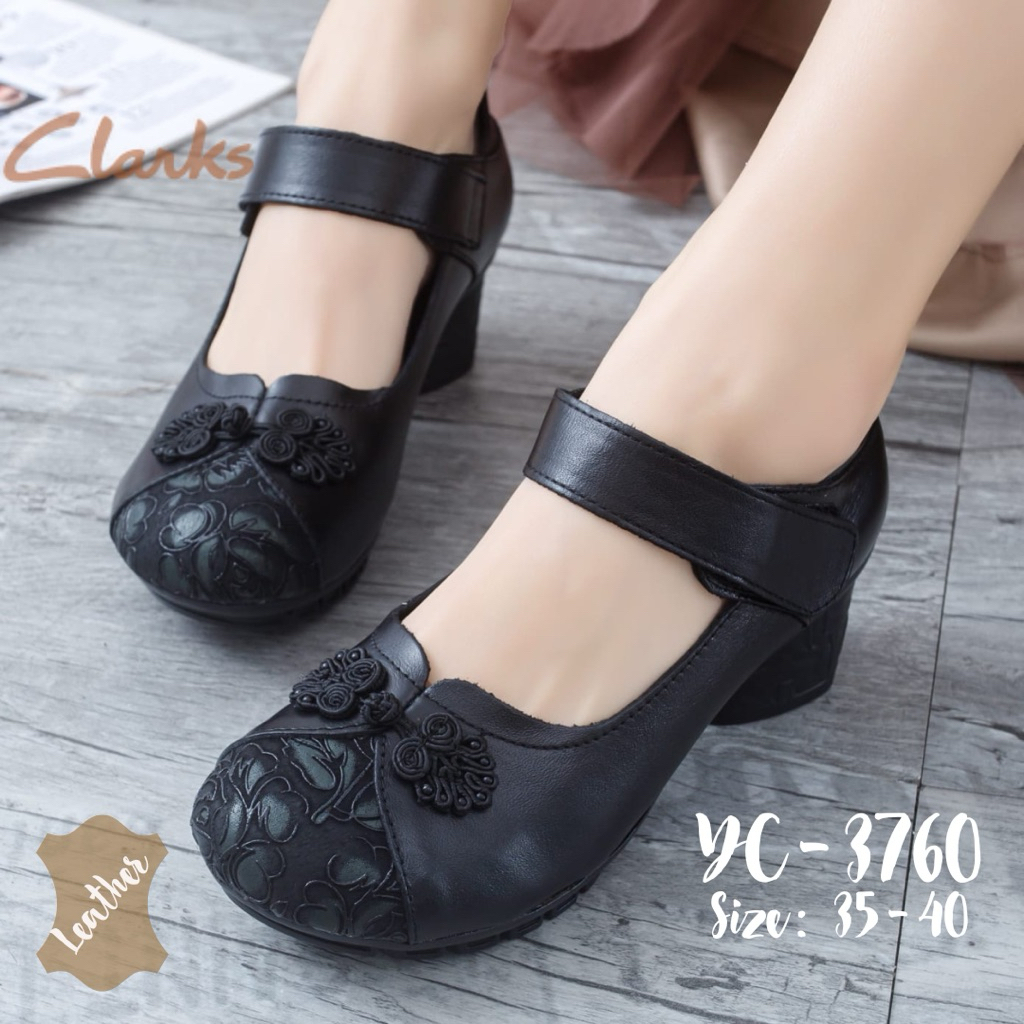 Sepatu Wanita Cewek Clarks YC-3760 Strap Block Heels 5cm