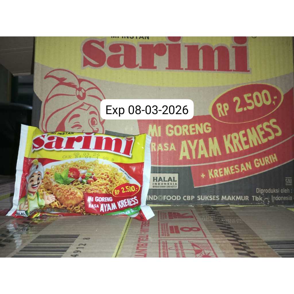 

sarimi mi goreng rasa ayam kremes 1 karrton isi 40 pcs exp 08-03-2026