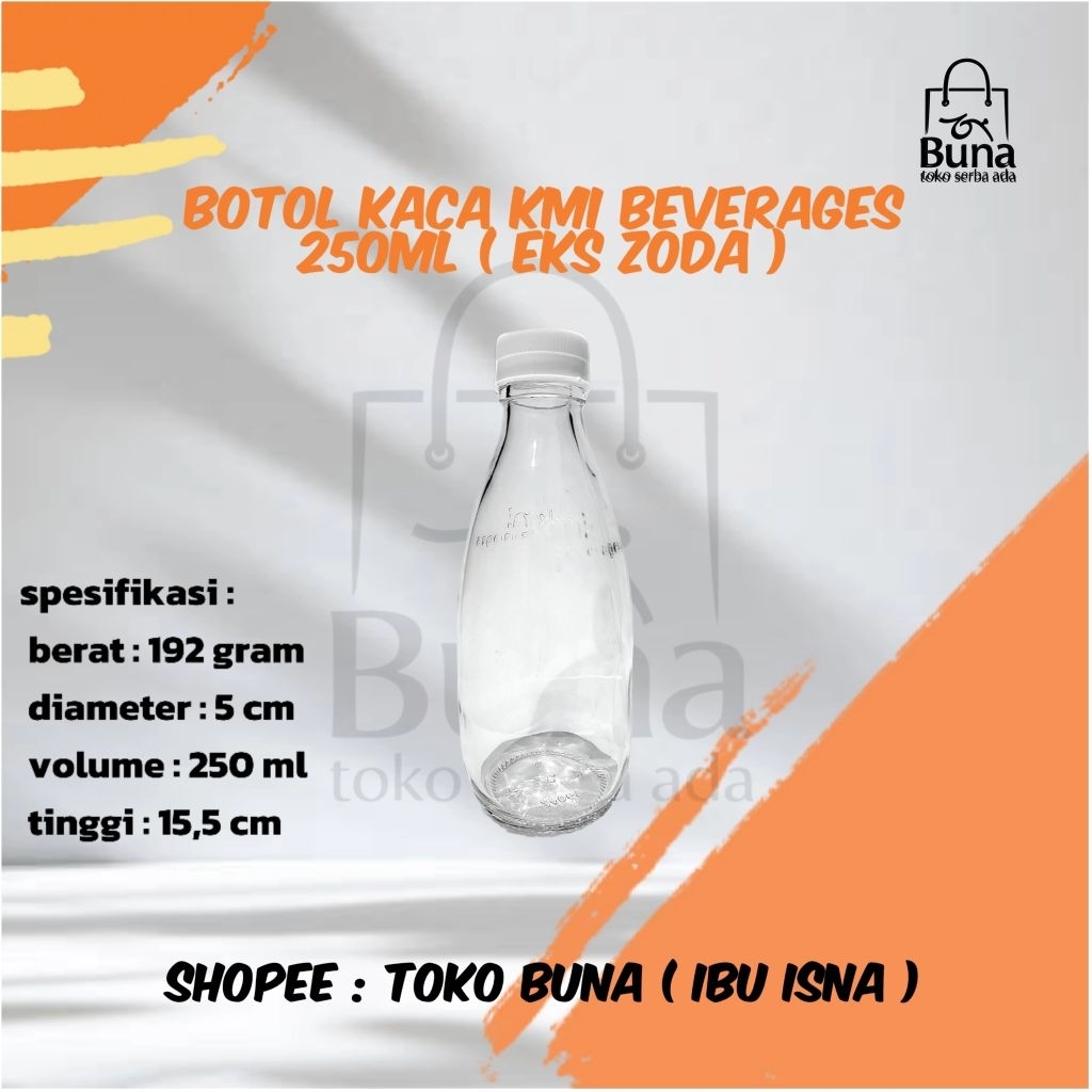 Botol KMI beverages 250ml, botol kaca tutup putih + sumbat, botol zoda