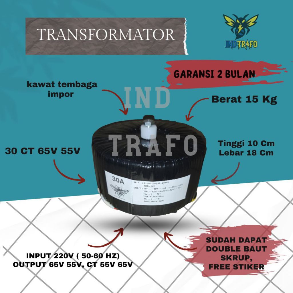 trafo toroid donat 30 ampere ct 65v - 55v