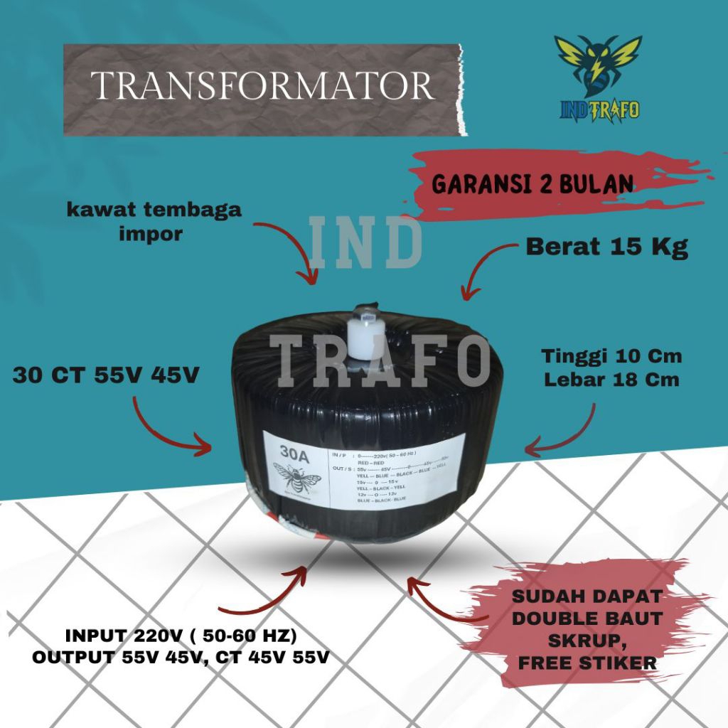 trafo toroid donat 30 ampere ct 55v - 45v