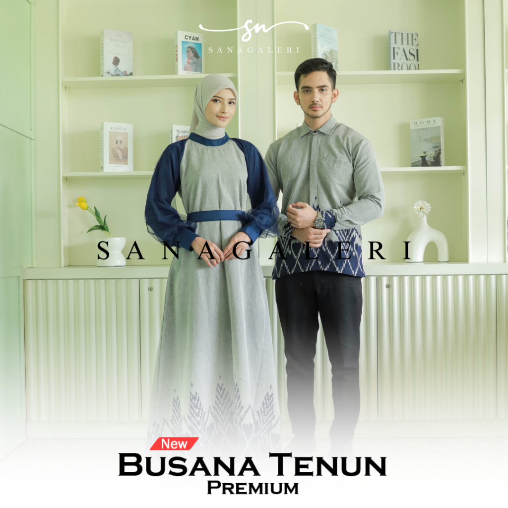Set couple syahira grey navy kemeja pria dan dress wanita, gamis kondangan ethnic, couple baju konda