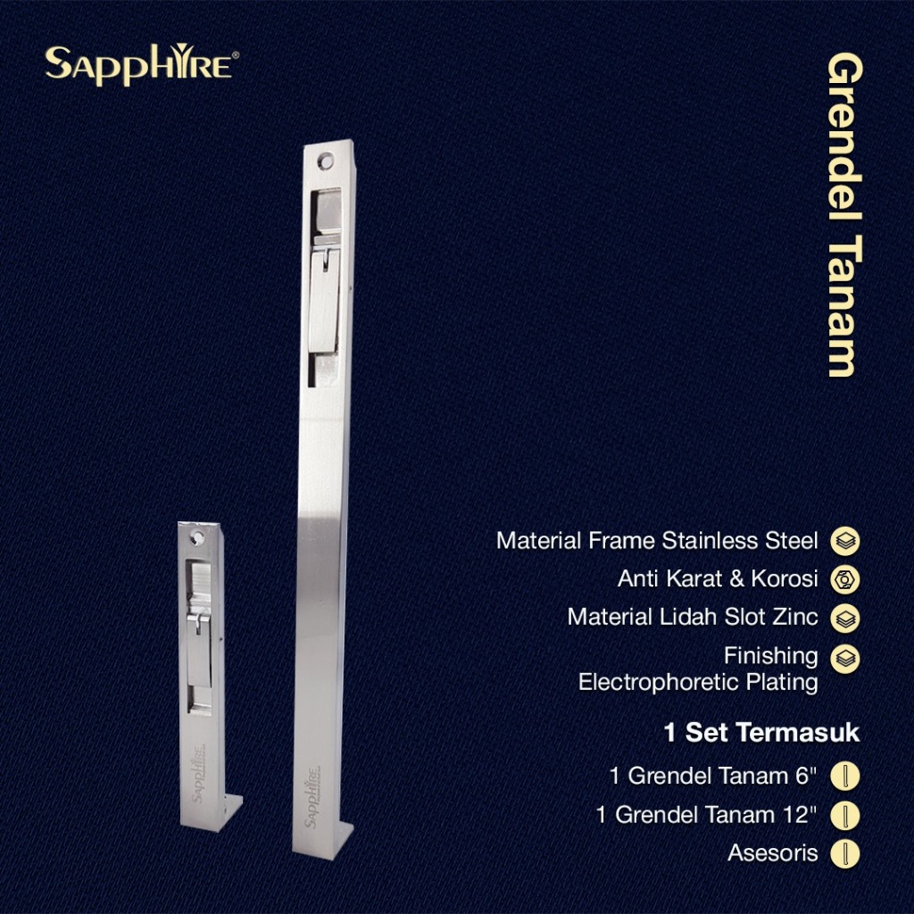 Sapphire Grendel Tanam 6 inch & 12 inch Stainless Slot Tanam Flush Bolt Pintu Kupu Tarung 2 Daun
