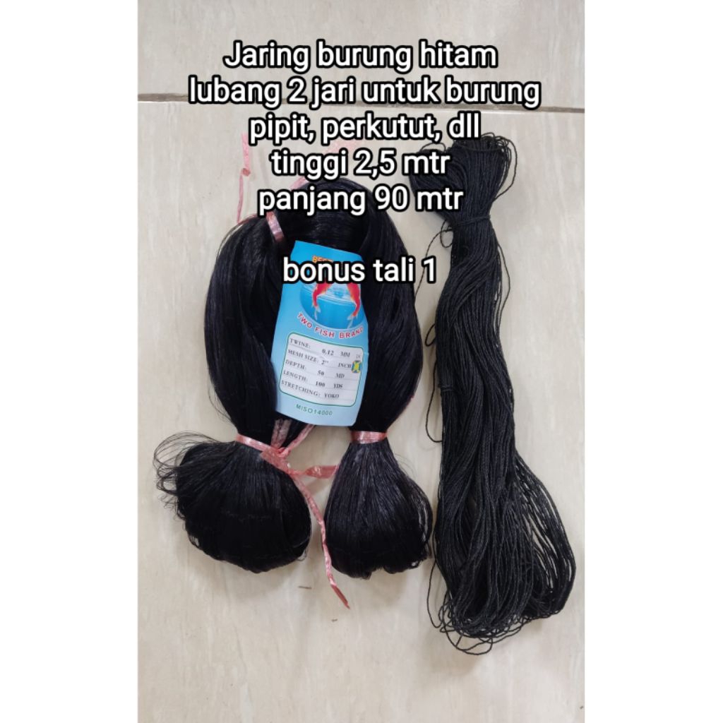 Jaring burung hitam tinggi 2,5 m panjang 90 m 50x100 lubang 2 jari bonus tali 1 untuk burung perkutu