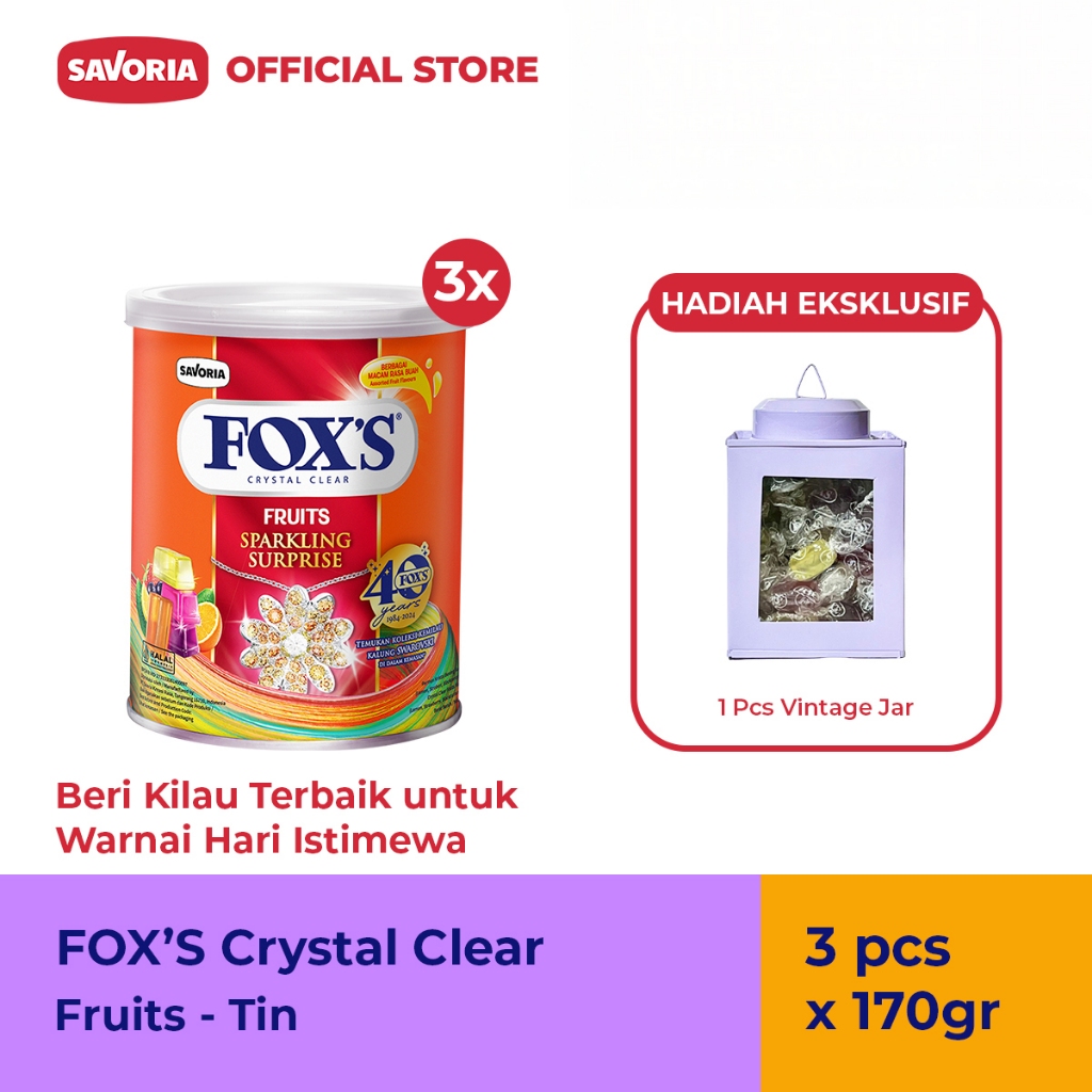 

FOX'S Fruit Sparkling Surprise Tin - 3 Pcs x 170g Gratis 1 Vintage Jar