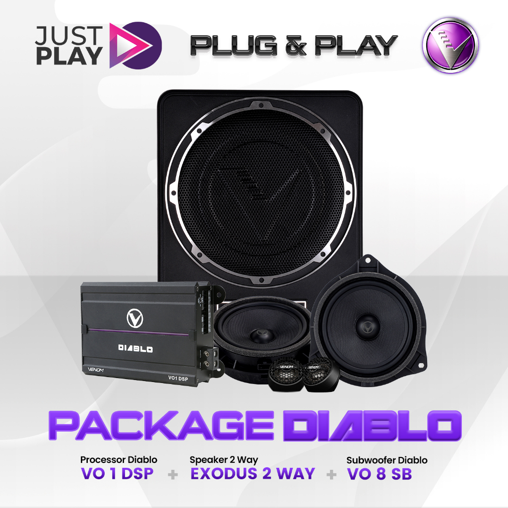 Paket Audio Mobil 2 Way Venom Diablo Just Play – VO1 DSP + Speaker 2 Way + VO 8 SB Subwoofer Aktif K