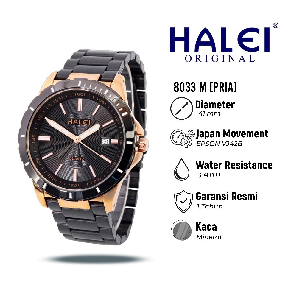 Halei 457 M Jam Tangan Pria Halei Original Fashion Anti Air Rantai Stainless Back Analog Kekinian