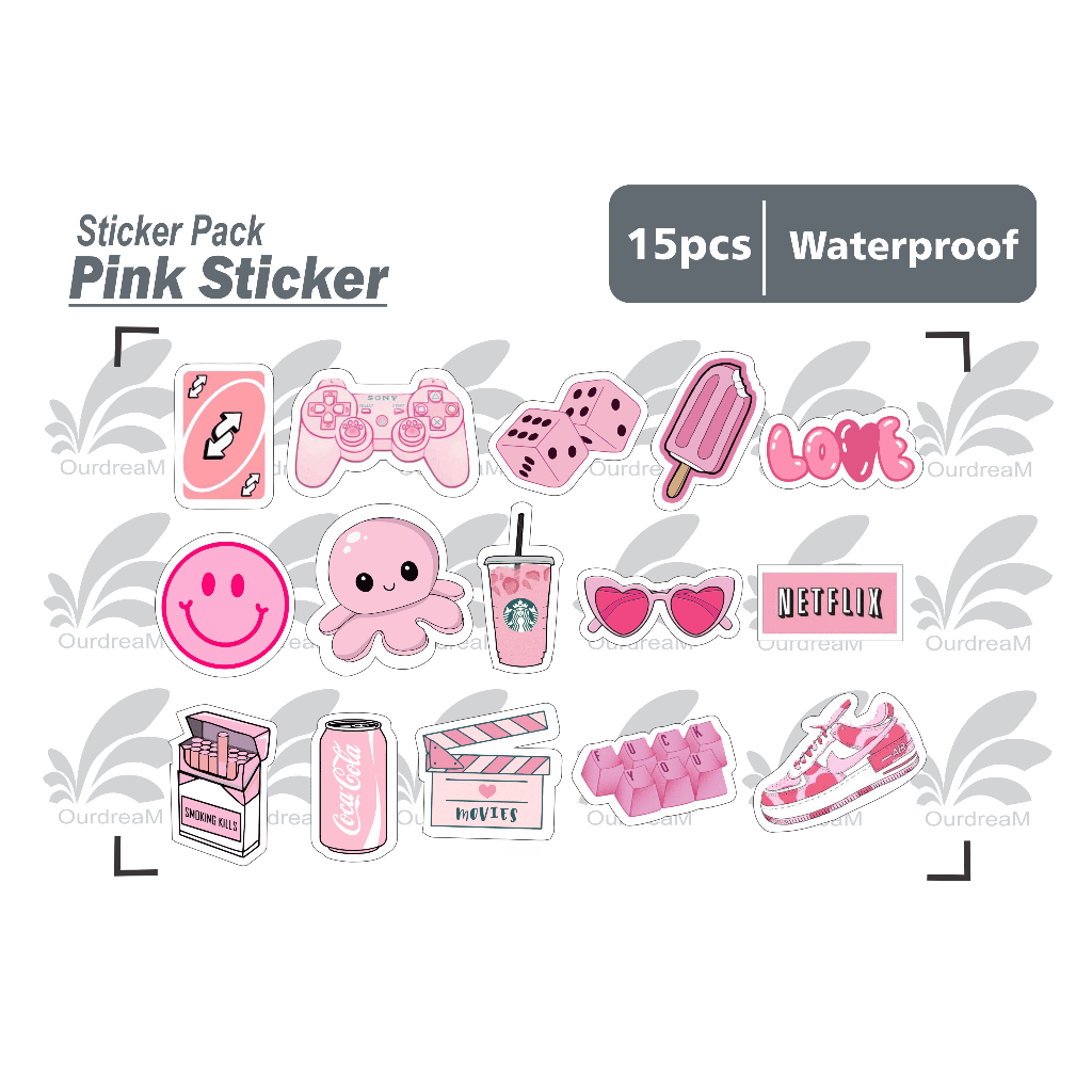 

stiker pink cute - isi 15 pcs sticker pack tumbler helm waterproof medium size