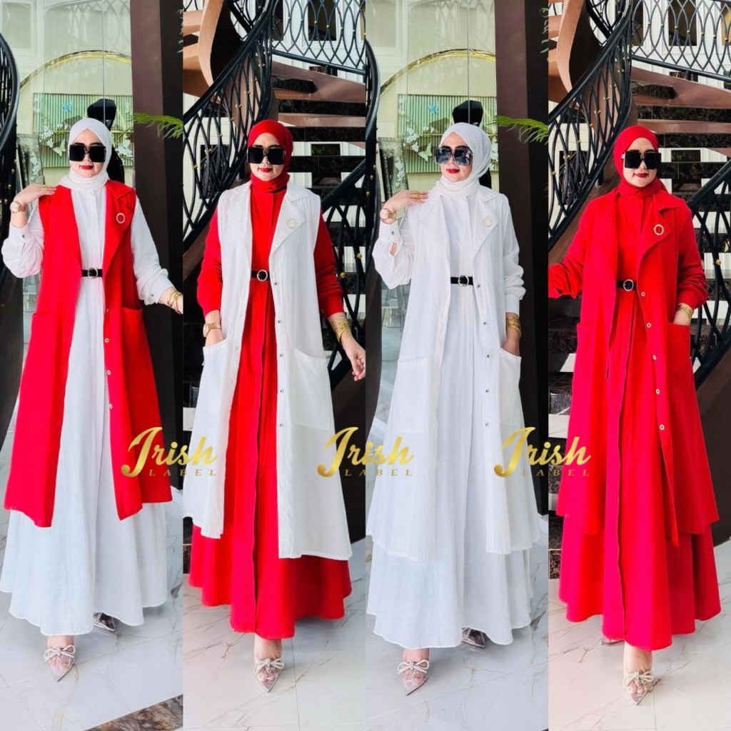 Set Outer dan Inner Gamis Merah Putih Bahan Katun Linen Rami Ukuran Allsize dan Big Size