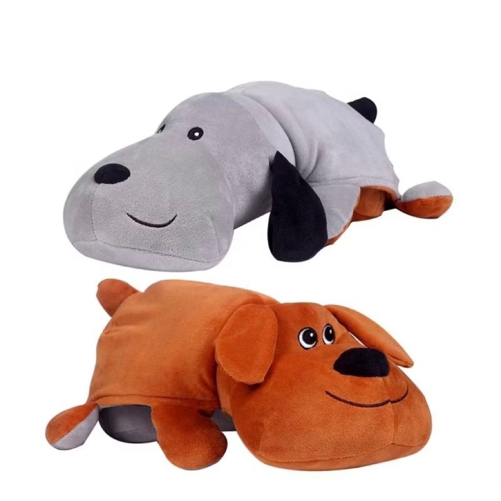 MINISO 2IN1 PLUSH TOY BROWN DOG & GREY / MAINAN BONEKA ANJING BONEKA BOLAK-BALIK