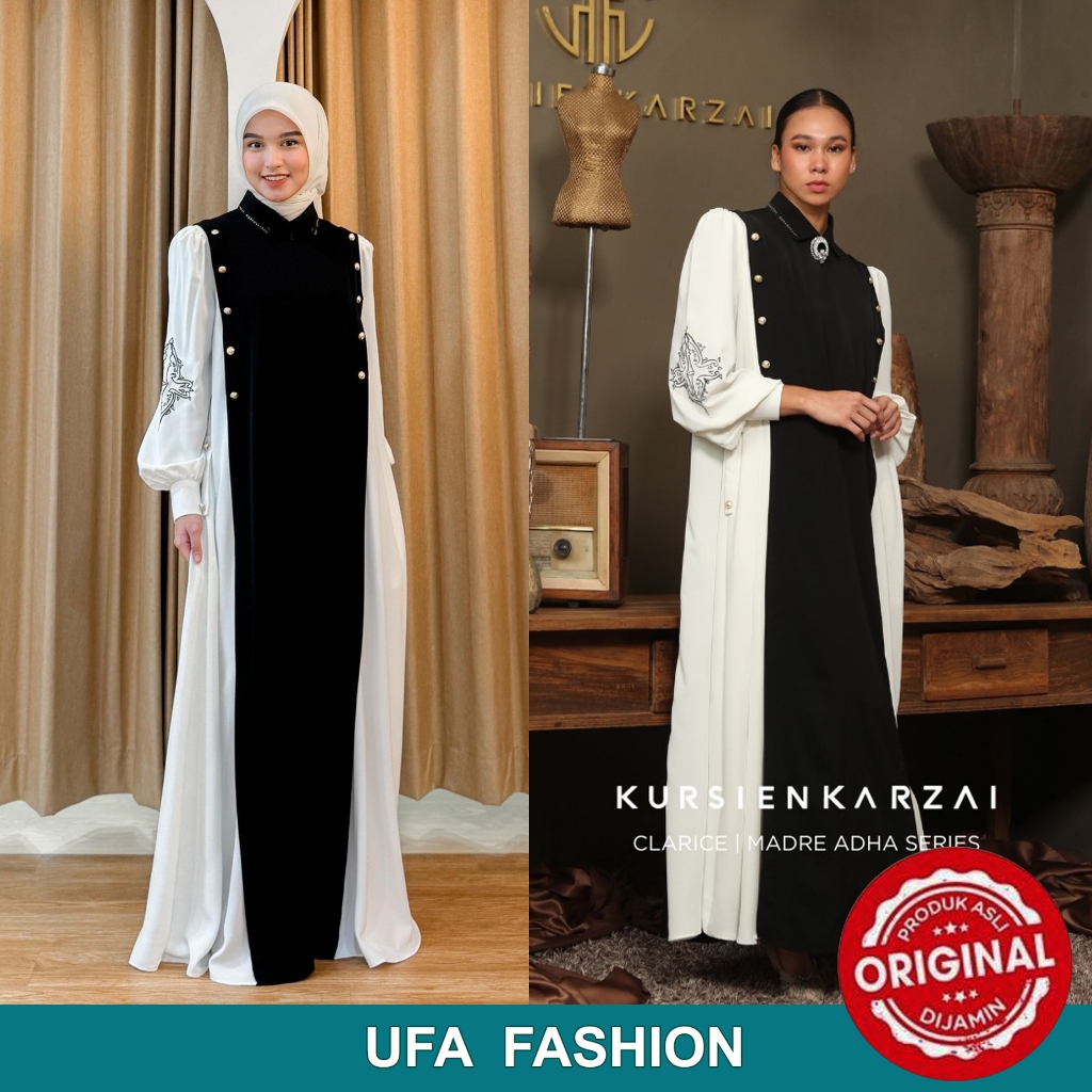 KURSIEN KARZAI Madre Clarice Abaya, Baju lebaran elegan, Abaya hitam putih elegan mewah